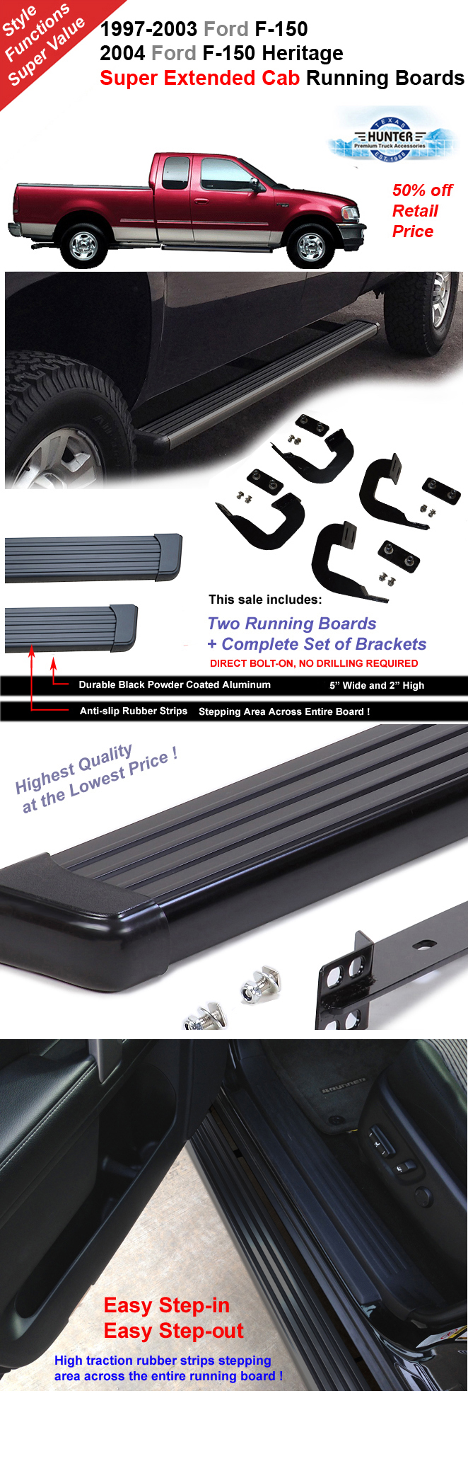 Fit 199703 Ford F150 Super Cab Extended Cab Running Boards Side Step