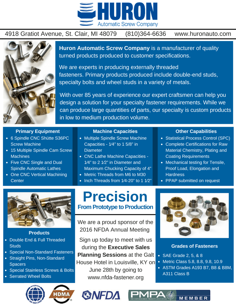 Huron Automatic Screw Company to Sponsor and Attend the 2016 NFDA