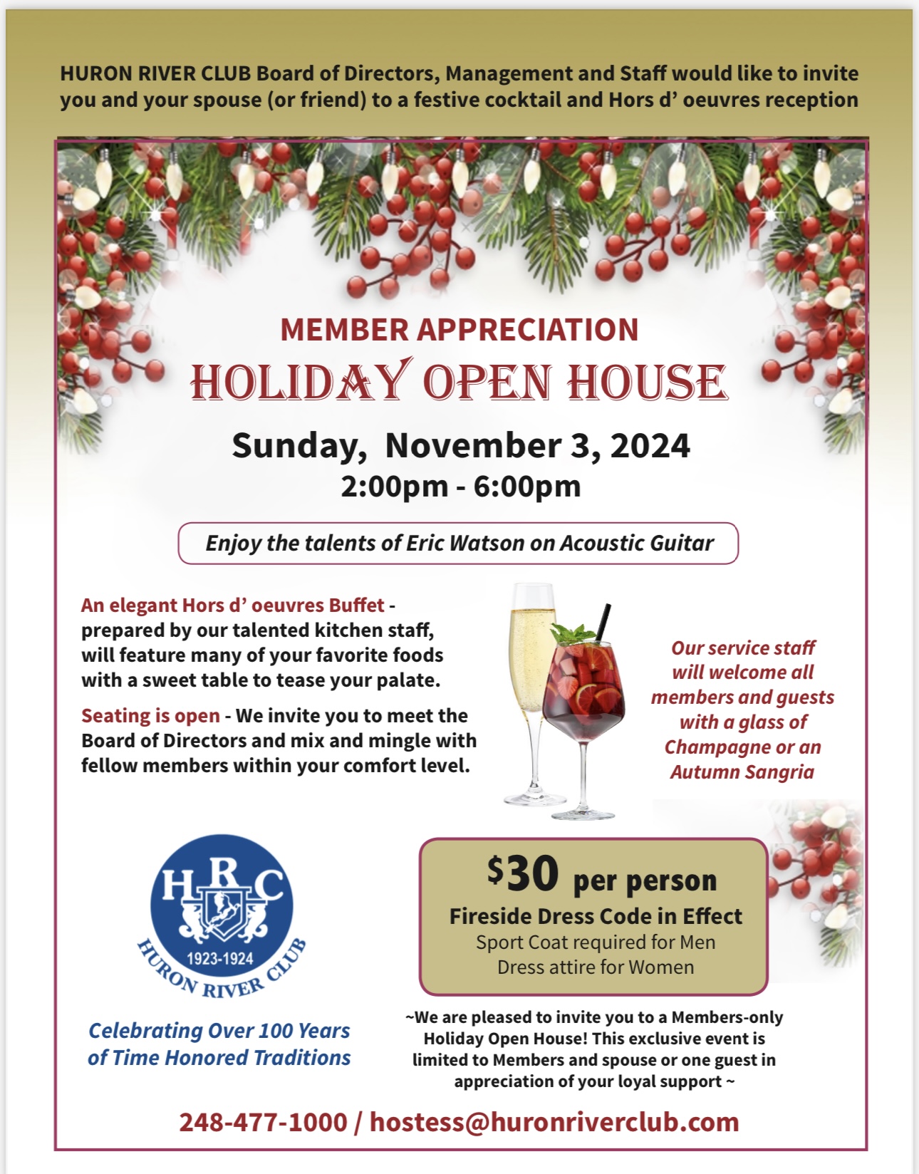 2024 Member Appreciation Holiday Open House Huron River Club