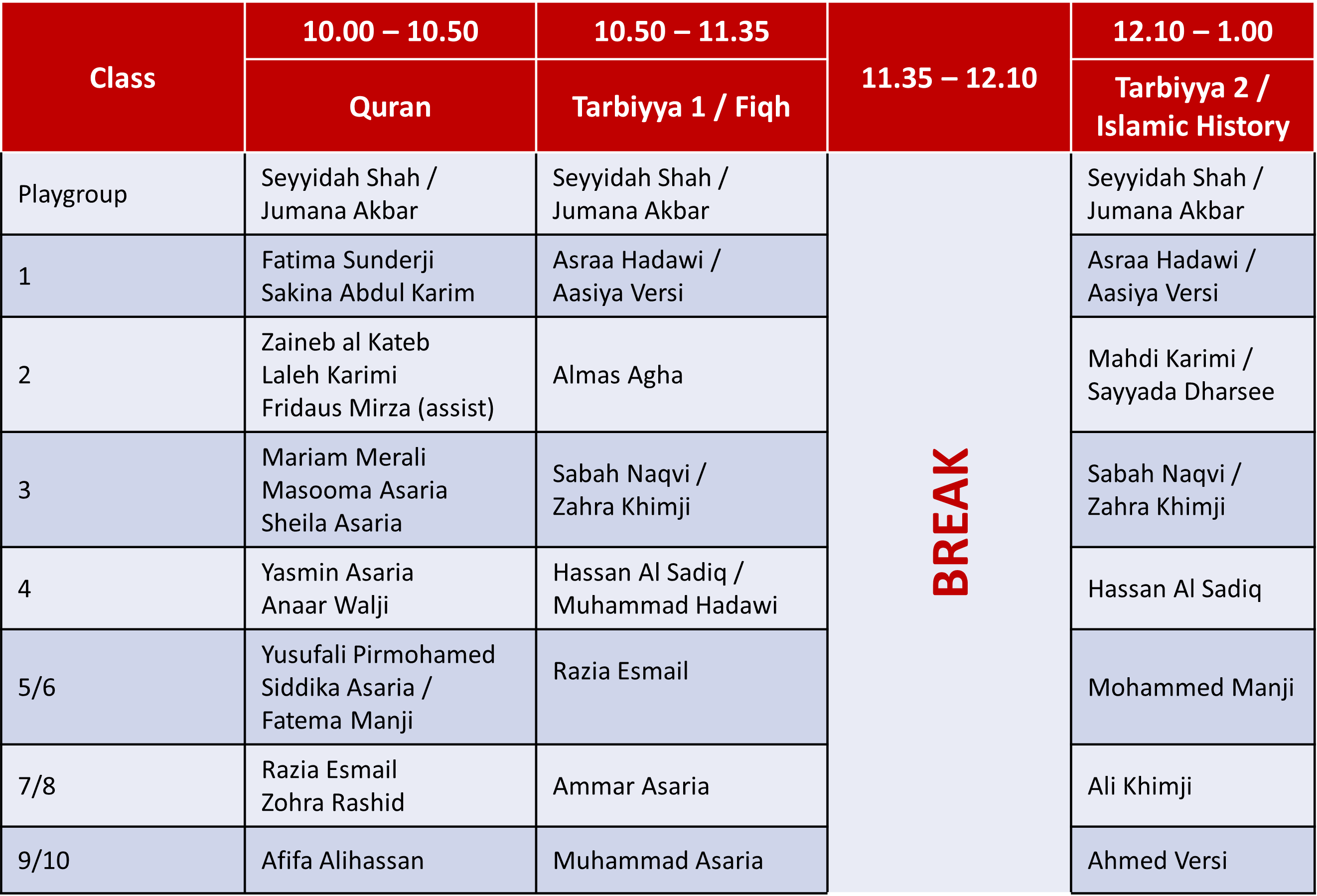 Timetable Husayni Madrasah