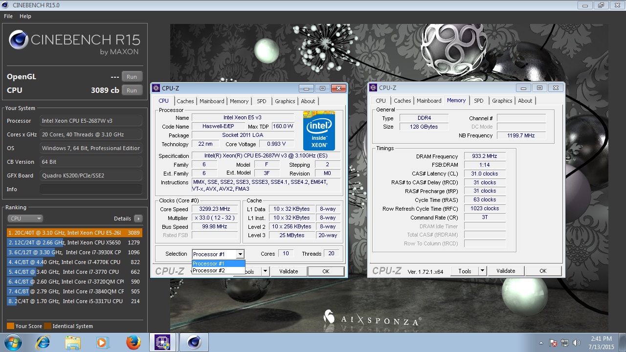 dhenzjhen`s Cinebench R15 score 3089 cb with a Xeon E5