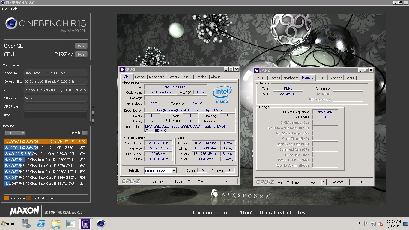 dhenzjhen`s Cinebench R15 score 3197 cb with a Xeon E7