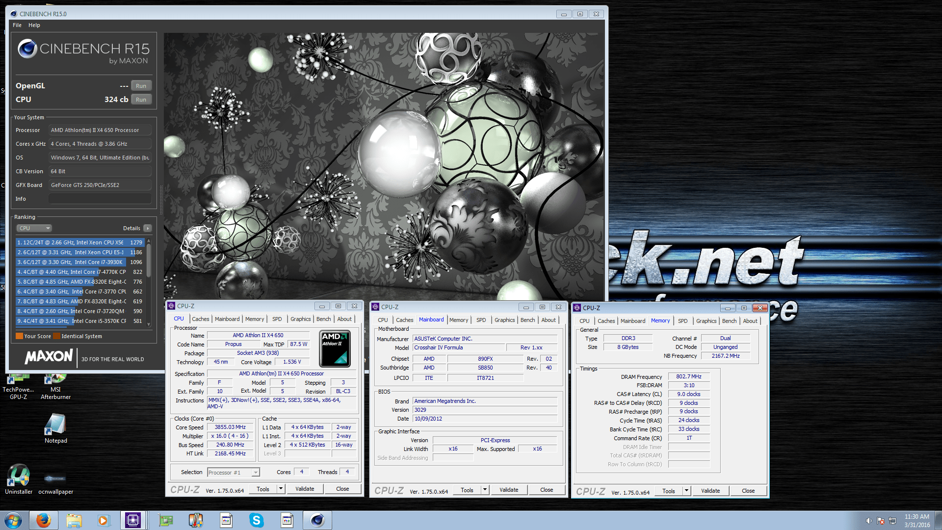 moparman`s Cinebench R15 score 324 cb with a Athlon II