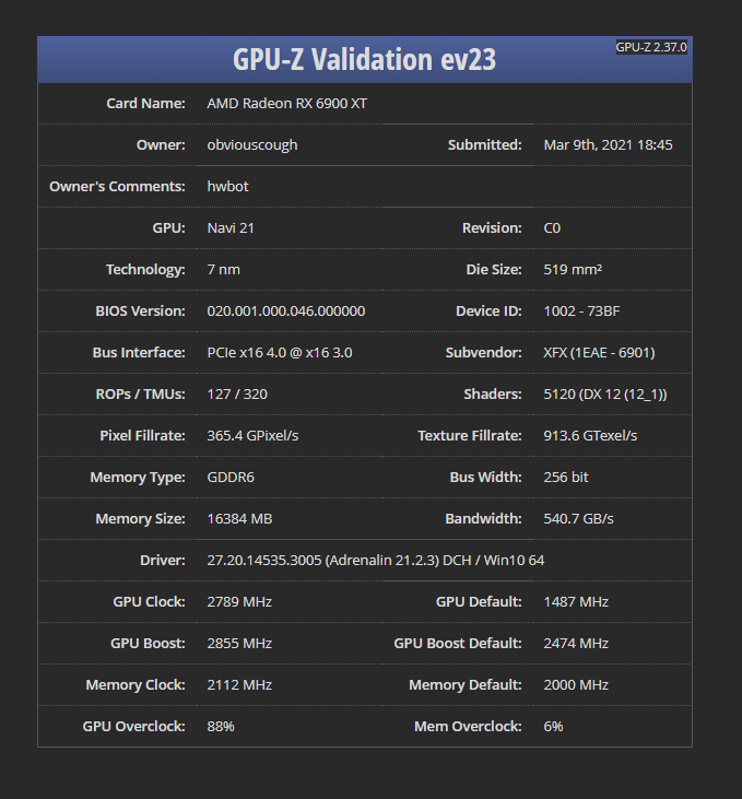 ObviousCough`s GPU Reference Frequency score 2855 MHz with a Radeon RX