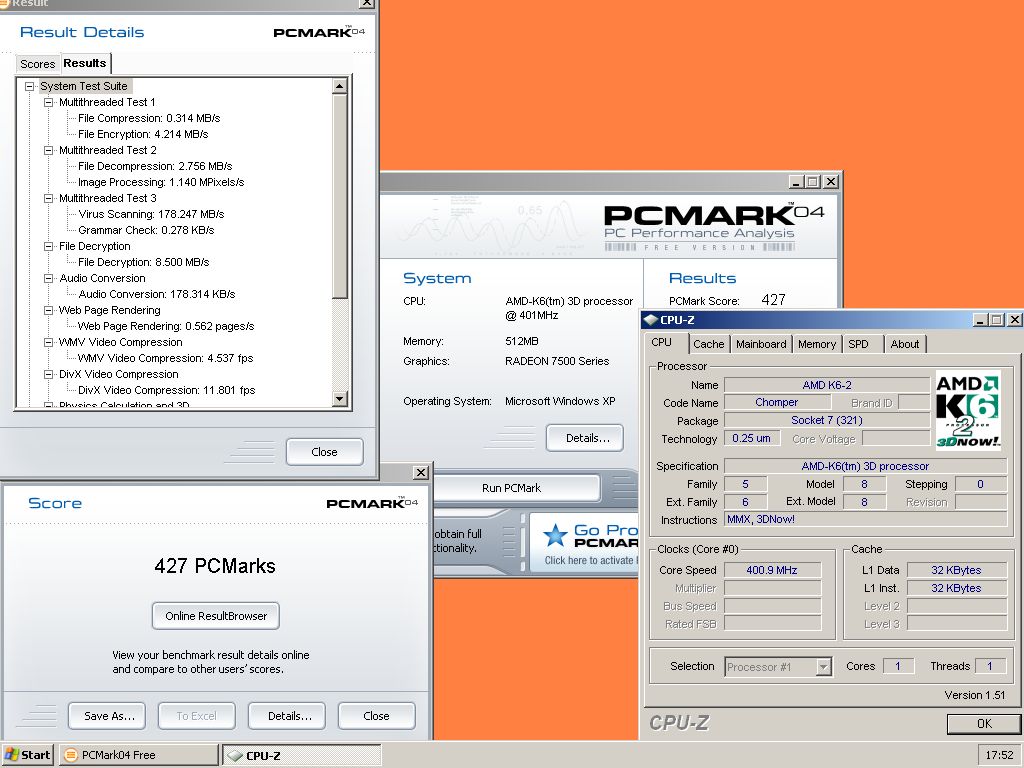 orange`s PCMark04 score 427 marks with a K62 266MHz