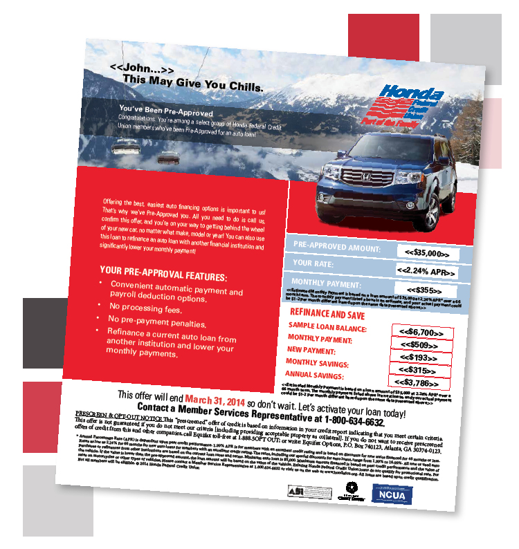 Honda Federal Credit Union PreApproval Mailer HyattWard Advertising