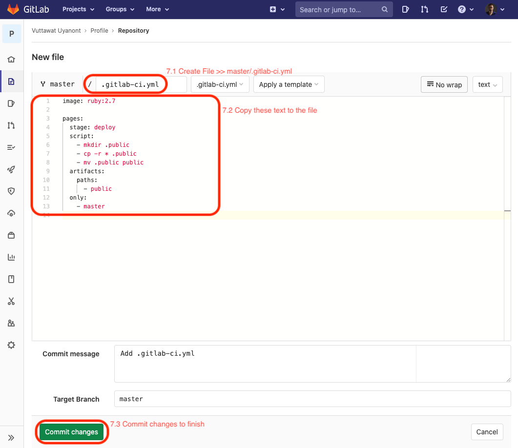 How to create a new GitLab pages from scratch (HTML pages