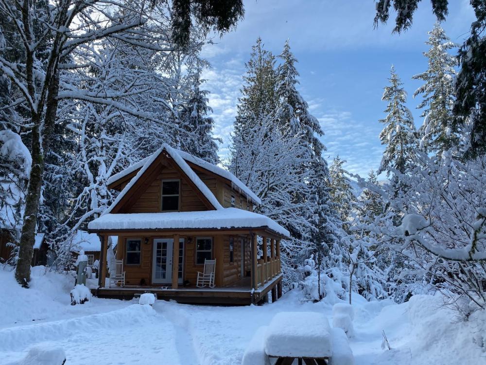 Mt Baker Cabin in the Woods Covered With Wooden Porch