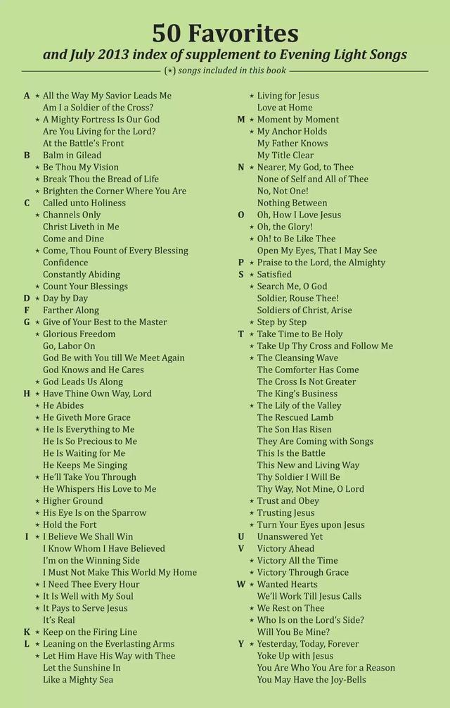 50 Favorites and July 2013 index of supplement to Evening Light Songs