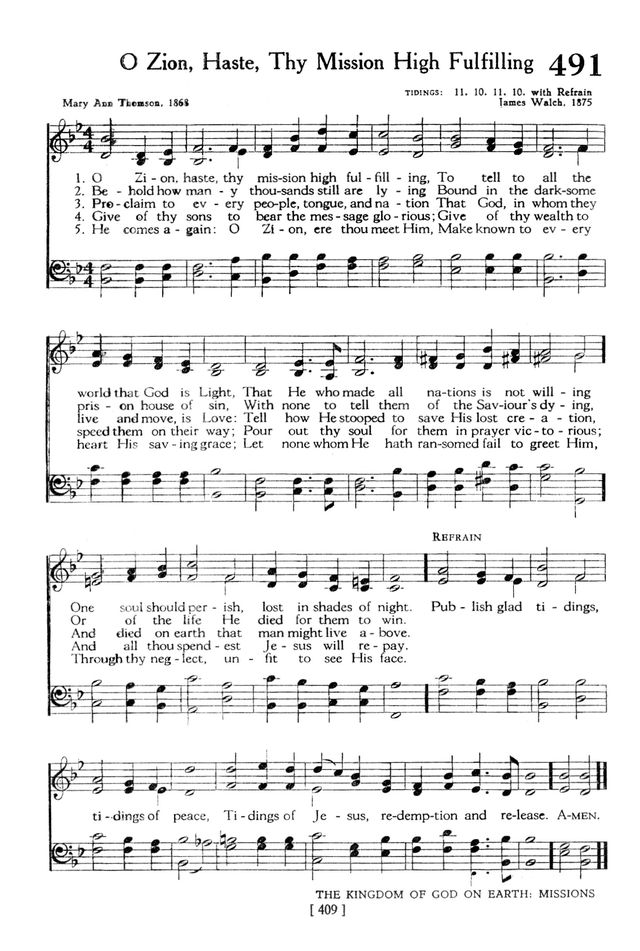 The Hymnbook 491. O Zion, haste, thy mission high fulfilling