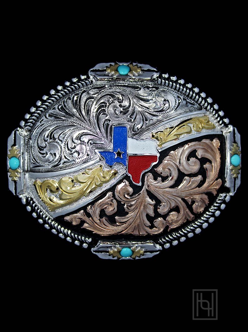 Texas Two Step Belt Buckle with Turquoise Hyo Silver