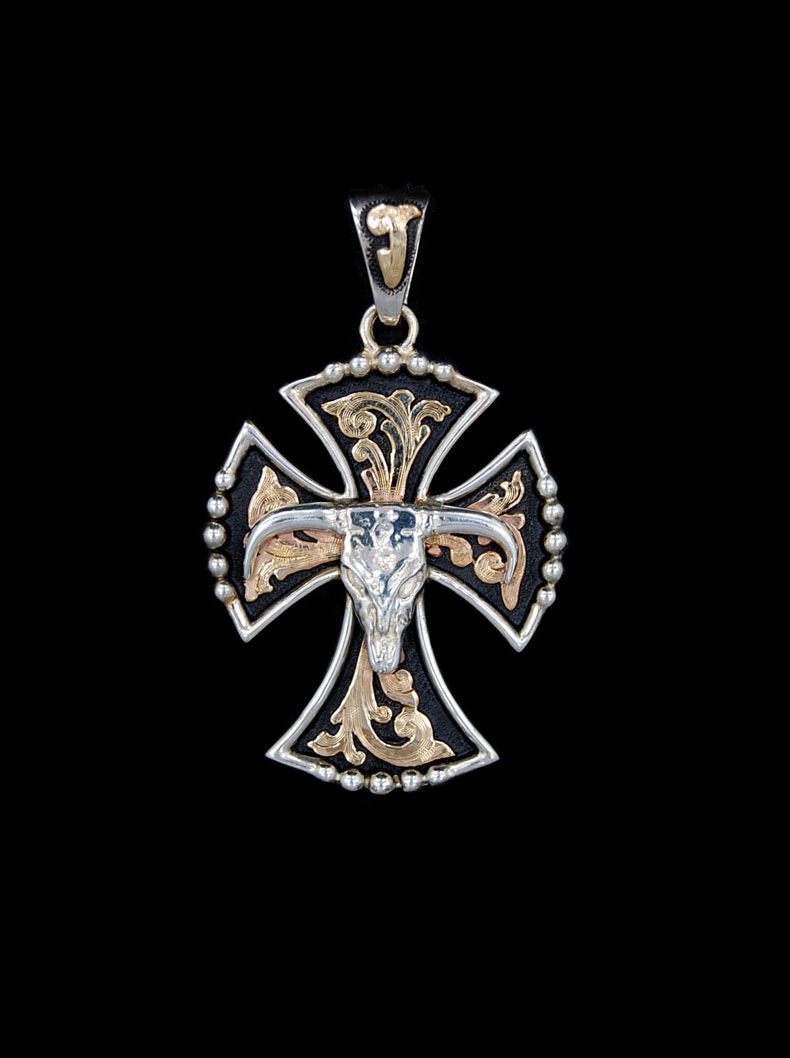 Western Steer Cross Pendant w/ Black Antique Hyo Silver
