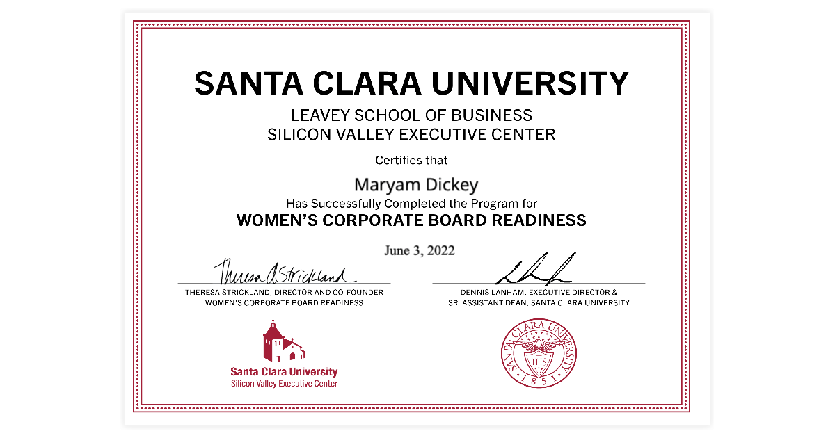 Maryam Dickey Women's Corporate Board Readiness Program Santa Clara