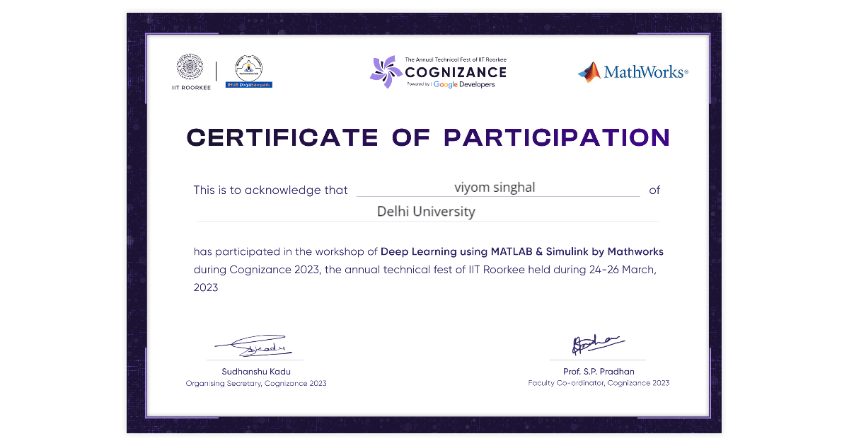 viyom singhal Certificate of on Deep Learning using Matlab