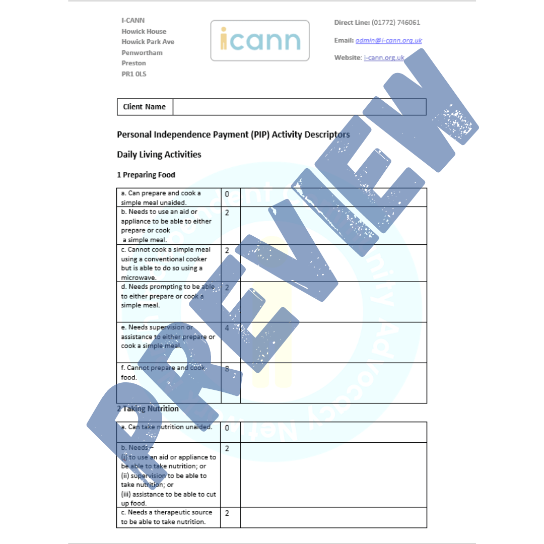 Personal Independence Payment(PIP) Questions Scoring System ICANN