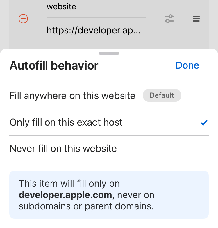 Change where a login is suggested and filled 1Password