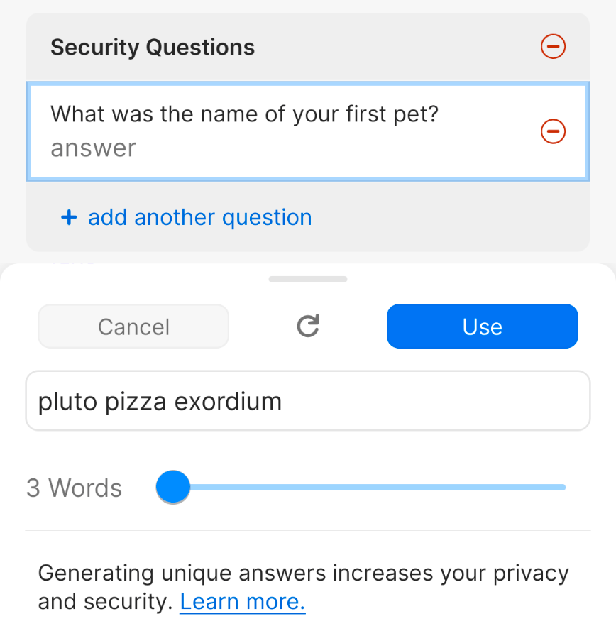 Create unique answers to security questions 1Password