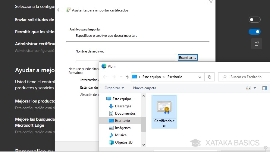 Cómo importar y exportar un certificado digital en Microsoft Edge