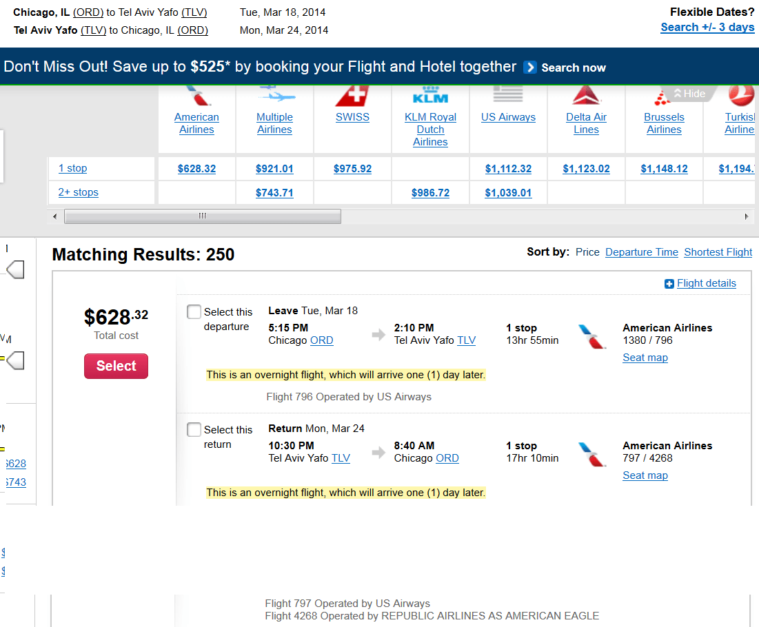 ChicagoTel Aviv 506, DallasTel Aviv 538, MiamiTel