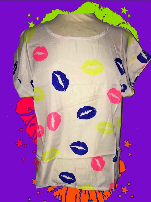 Sh57 80er Jahre Blusen Shirt Neon New Kids Wave Shoez NDW Küsse Muster Gr. S eBay
