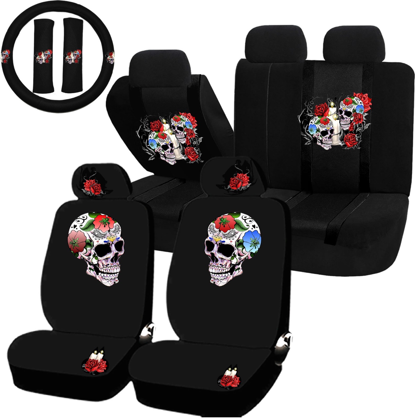 22PC Till Death Skull Red Rose Seat Covers Steering Wheel set Universal