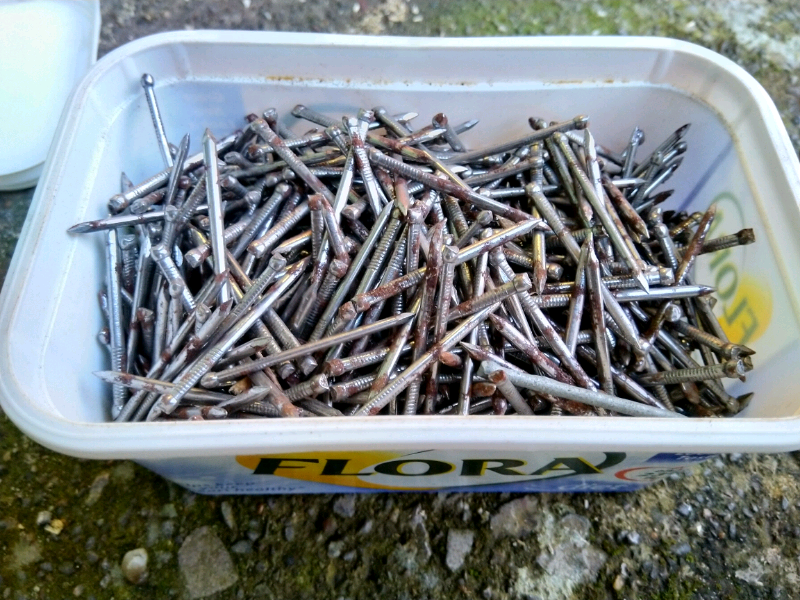 Nails mixture of plain steel and galv coated. in Tonypandy, Rhondda