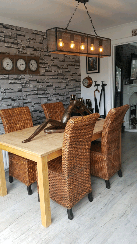 Elegant double pedestal base with carvings. Solid oak extending dining table and 4 ratten chairs | in ...