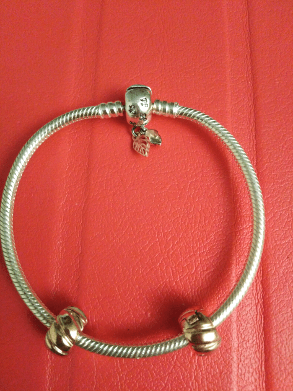 Pandora Bracelet with Rose Gold & Silver Leaves & 2 Clips. NEW in