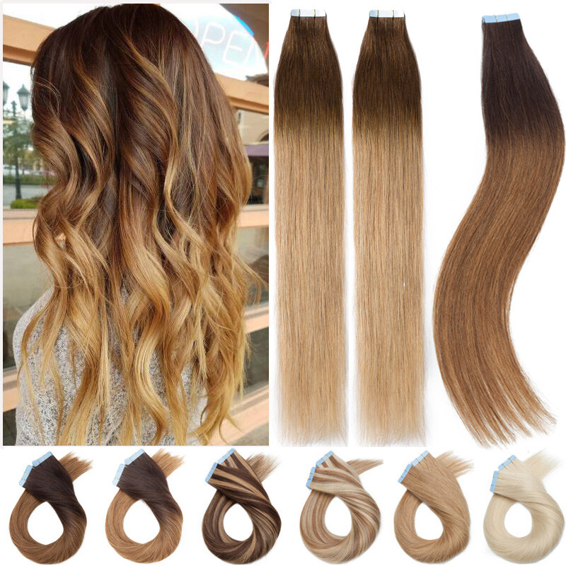 Ombre Thick Glue Tape In Real Human Hair Extensions Full Head Skin Weft
