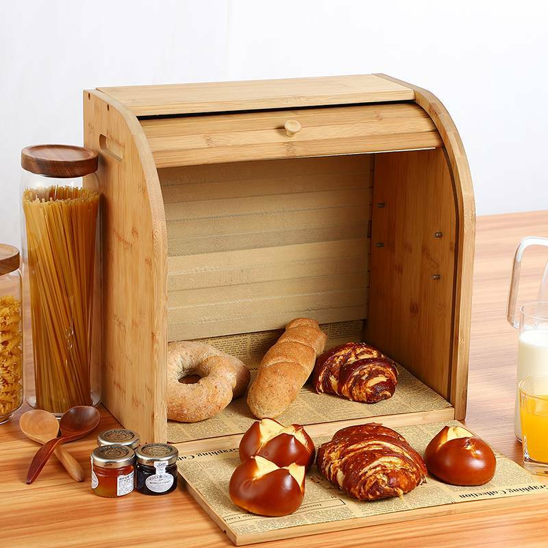Roll Top Bamboo Wood Bread Box Loaf Container Large
