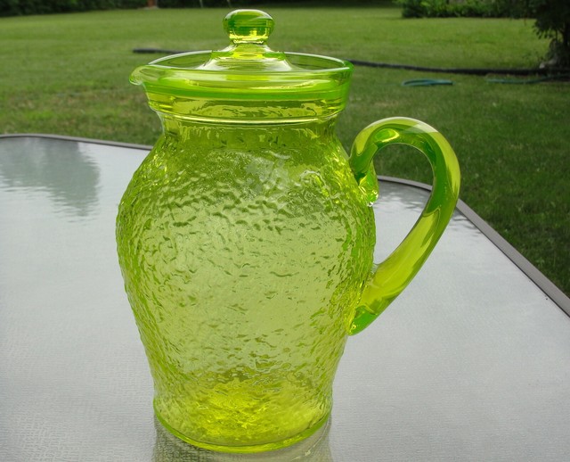 Vintage Textured Yellow Vaseline Glass Pitcher with Lid eBay
