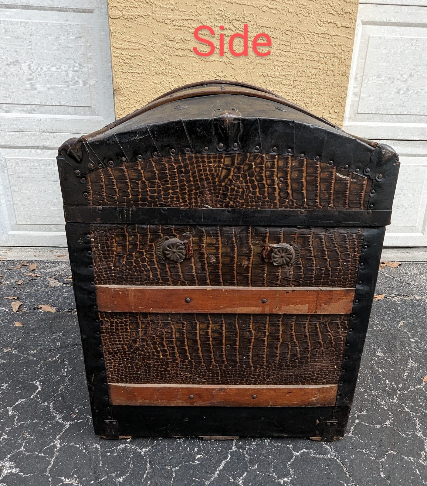 Vintage Antique Alligator Tin Steamer Trunk, 1800s Victorian, Pirate