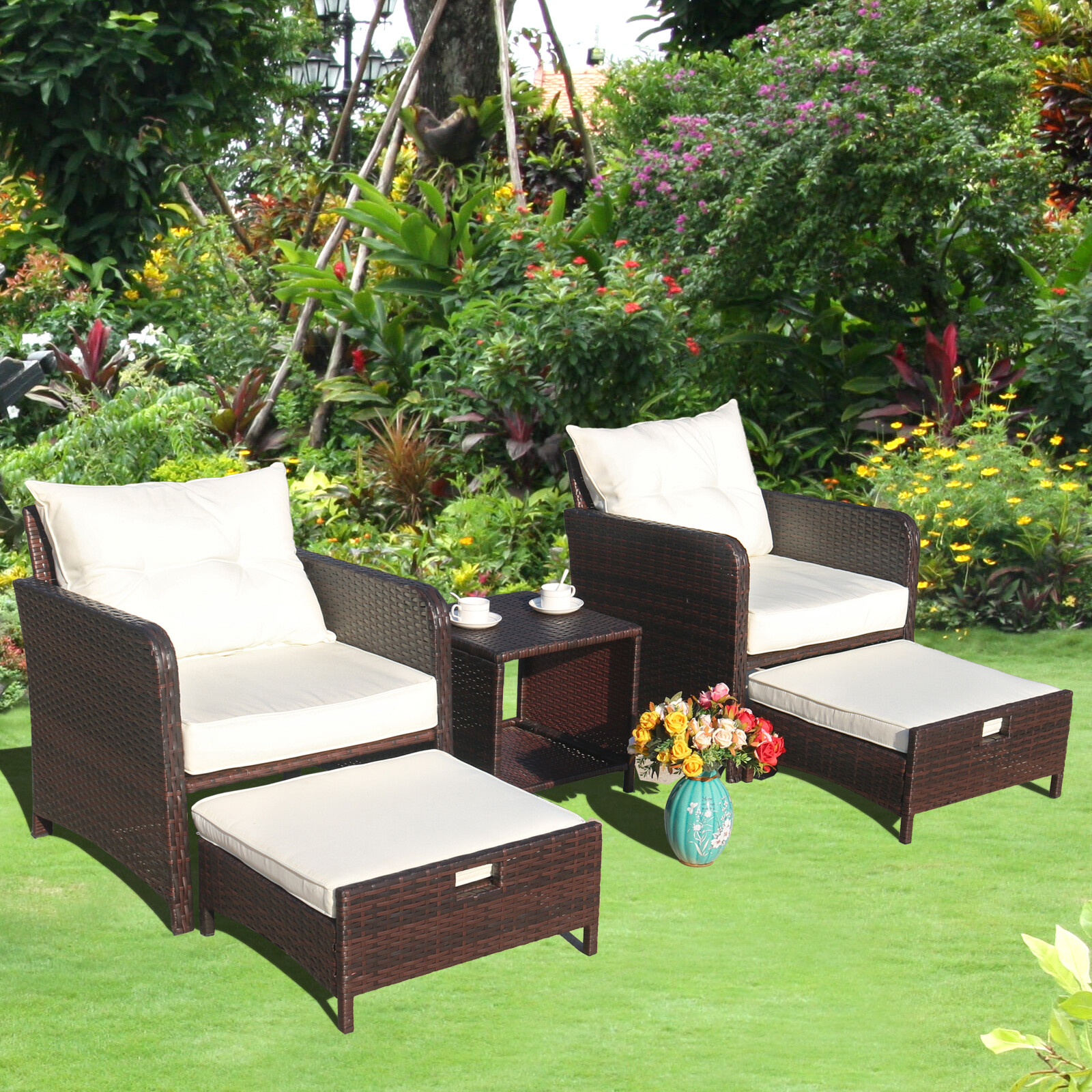 5 Piece beige Patio Conversation Set PE Wicker Rattan Outdoor Lounge Chairs eBay