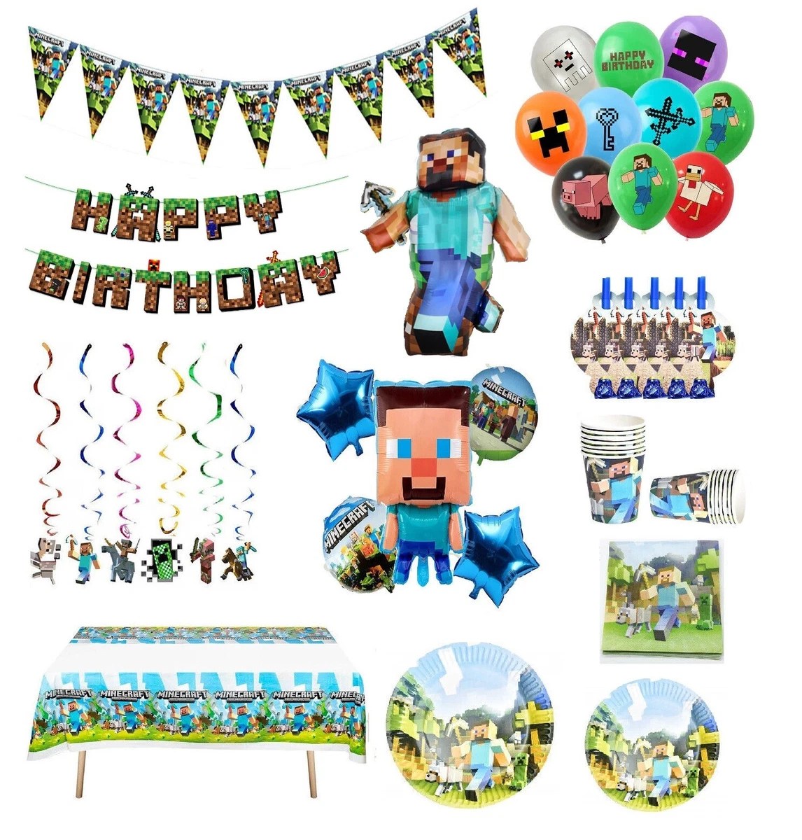 Minecraft Happy Birthday Supplies Bundle Decorations Plates Banner Cake