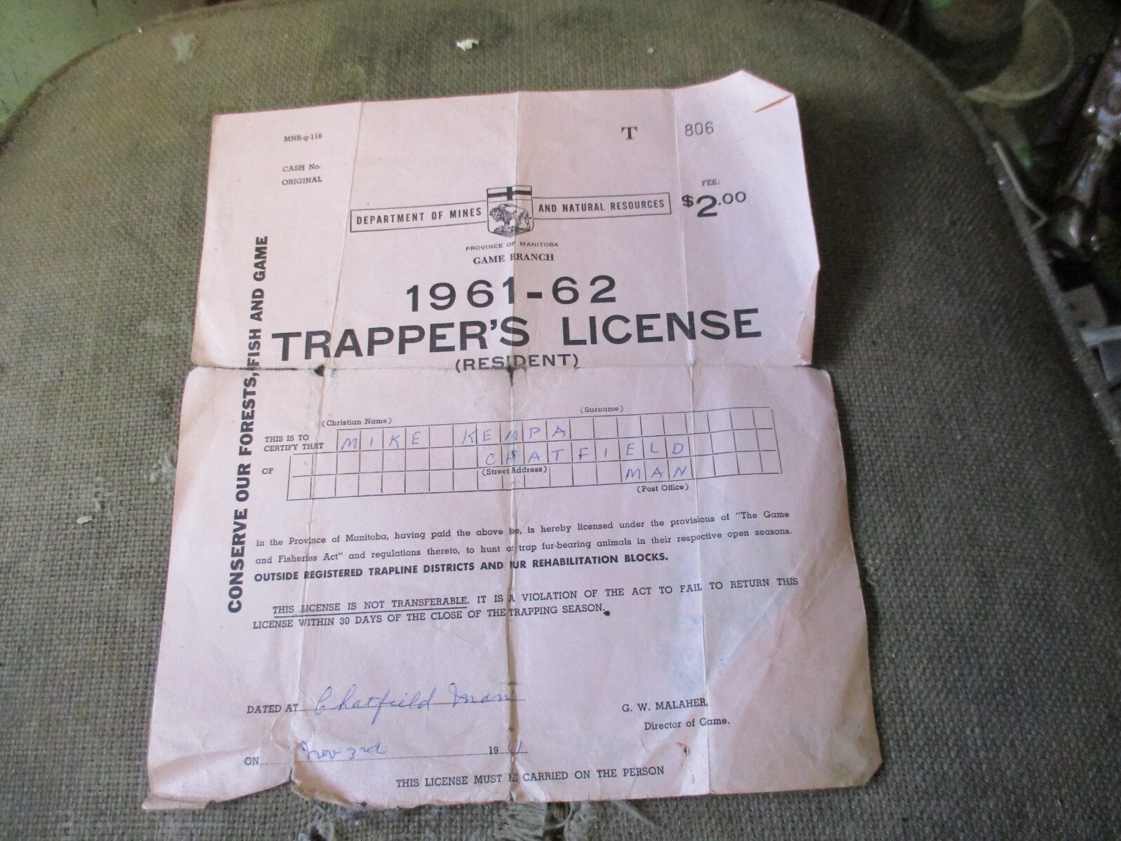 196162 MANITOBA CANADA RESIDENT TRAPPER'S LICENSE GAME WARDEN