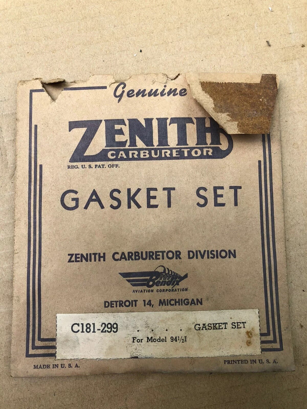 NOS ZENITH CARBURETOR GASKET KIT C181299 FOR MODEL 941/2 I FUEL CARB
