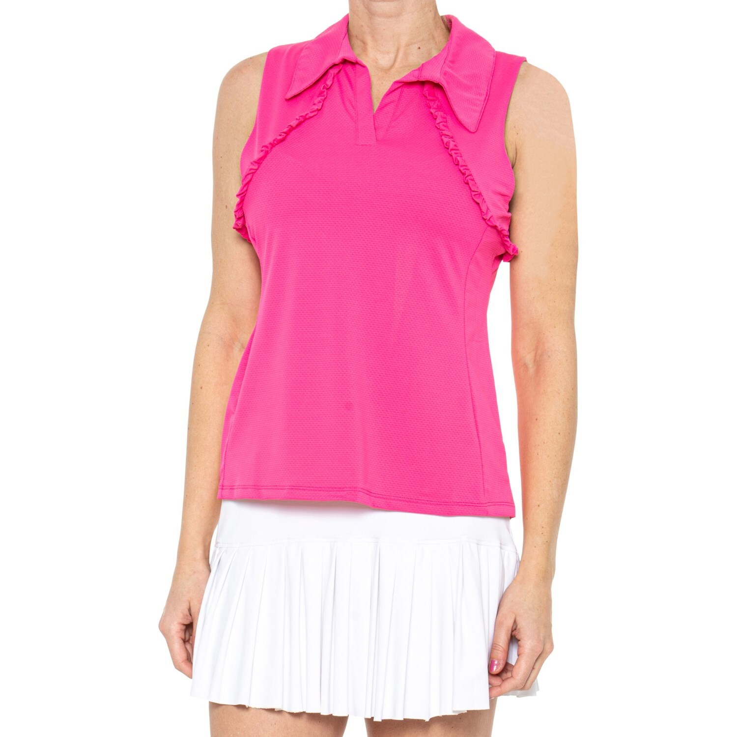 NWT GOTTEX Strawberry Pink Ruffle Sleeveless Golf Tennis Polo Shirt S