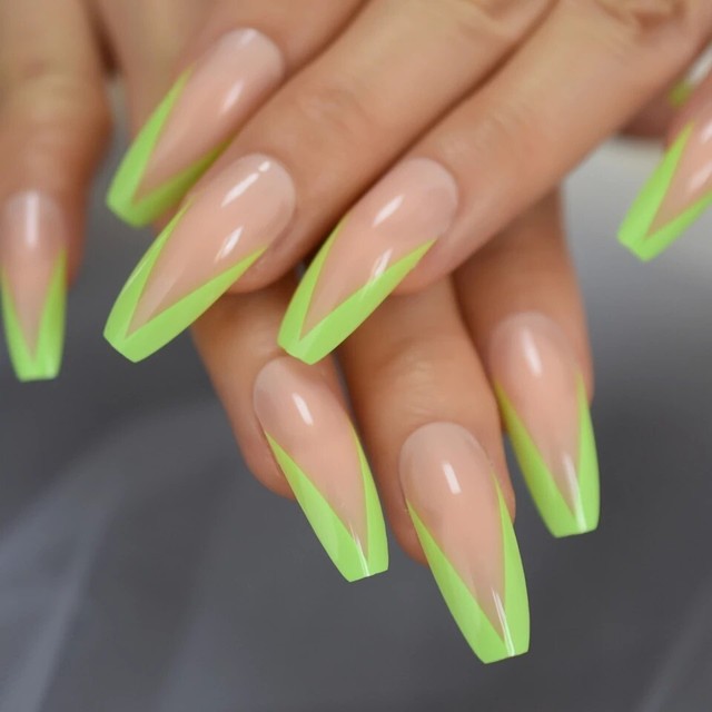 Green French VShape Long Coffin Press On Nails Fake False 24 Pc Nail