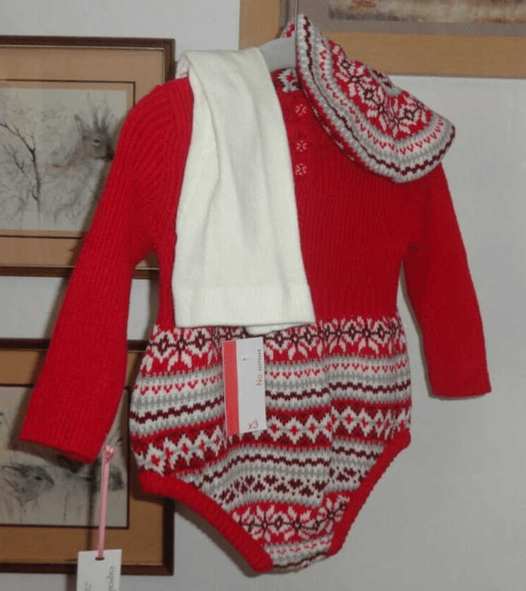 Brand New Baby Girl Knitted Christmas Romper + Tights + Hat Age 3 6