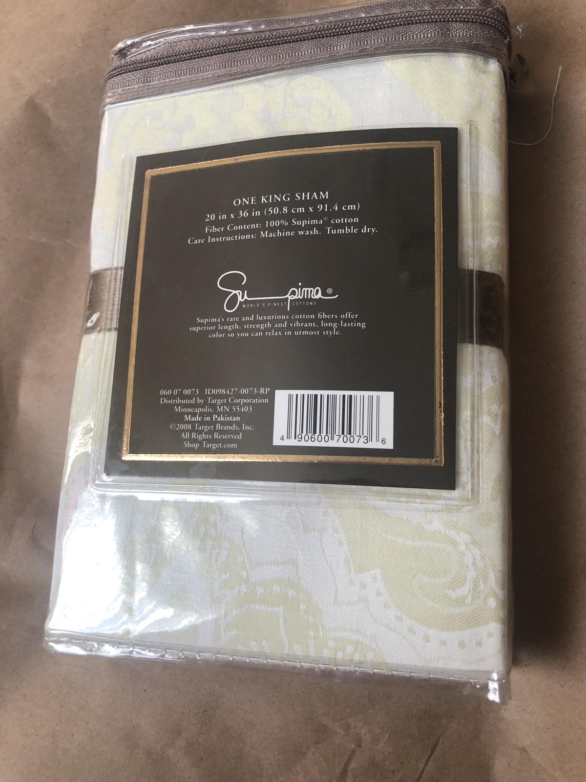 1 Fieldcrest Luxury King Pillow Sham Supima Cotton Mitered Green White