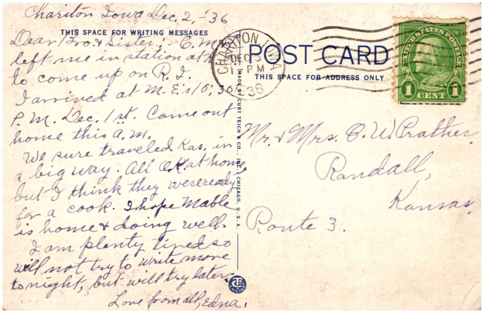 Chariton Iowa Postcard North Side Of Town Square, Unpaved Street, Autos