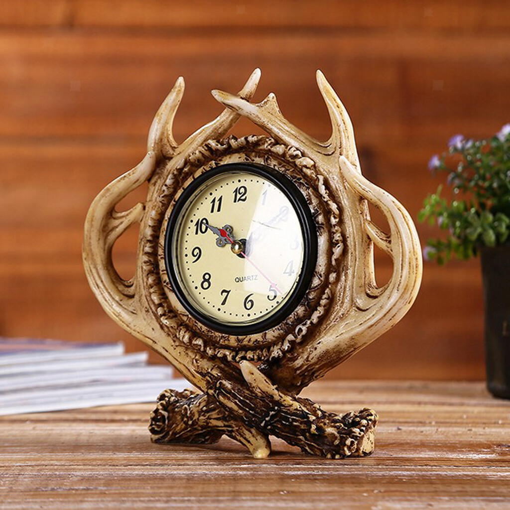 Vintage Style Resin Deer Antler Desk Alarm Clock Battery Powered Table