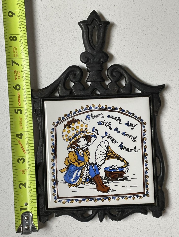 Vintage / Retro Tile Trivet Hot Plate, Girl And Saying Cast Iron Holly