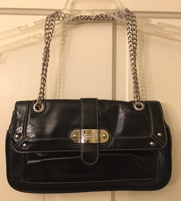 Merona Black Faux Leather Purse Handbag Chain Strap Silver Accents eBay