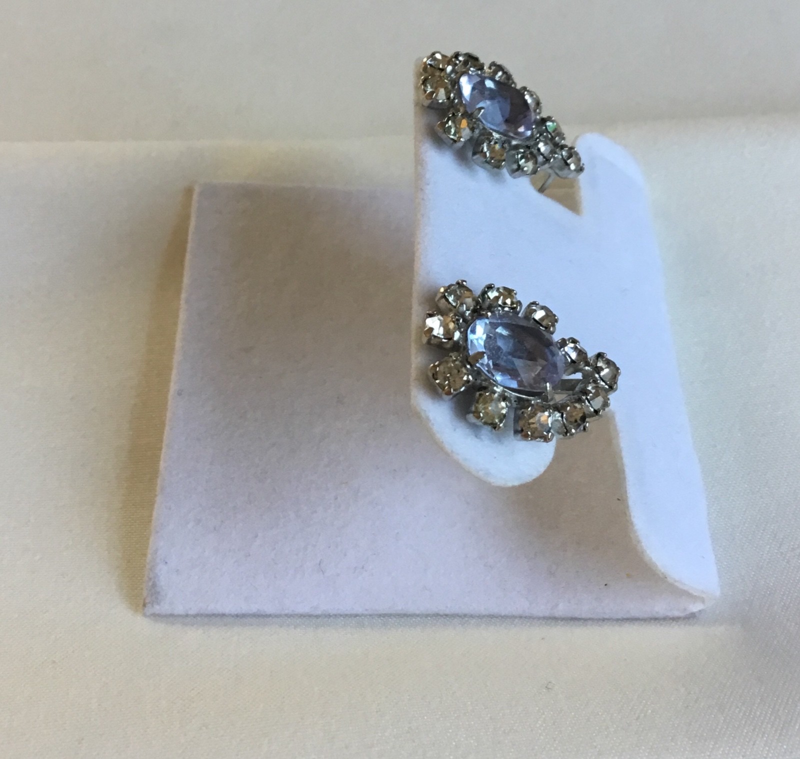 Vintage Clip On Earrings Light Purple Clear Rhinestone Marked PAT