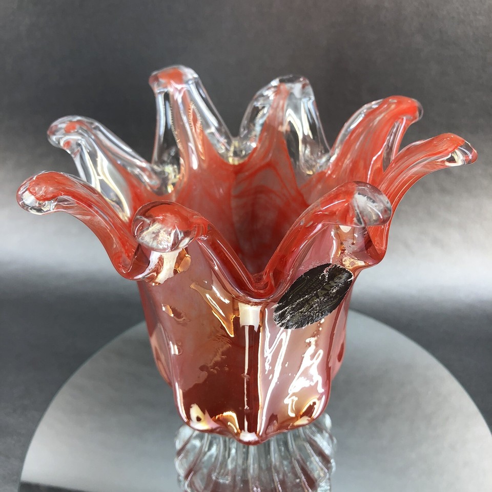 Vintage Murano Italy Orange Red Iridescent Ruffles Art Glass Vase Vetro