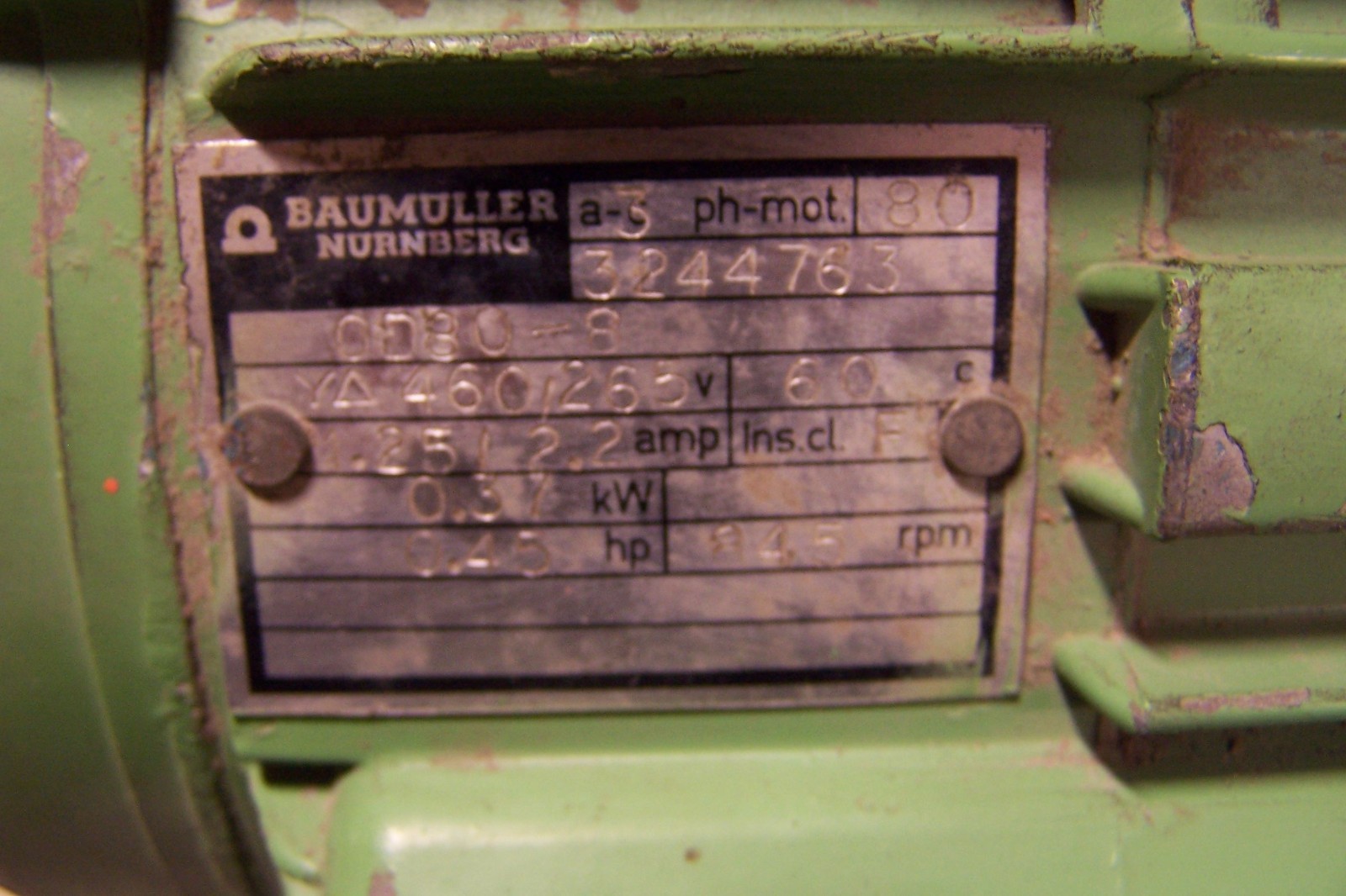 BAUMULLER NURNBERG .45 HP ELECTRIC AC MOTOR 460/265 VAC 845 RPM 3/4