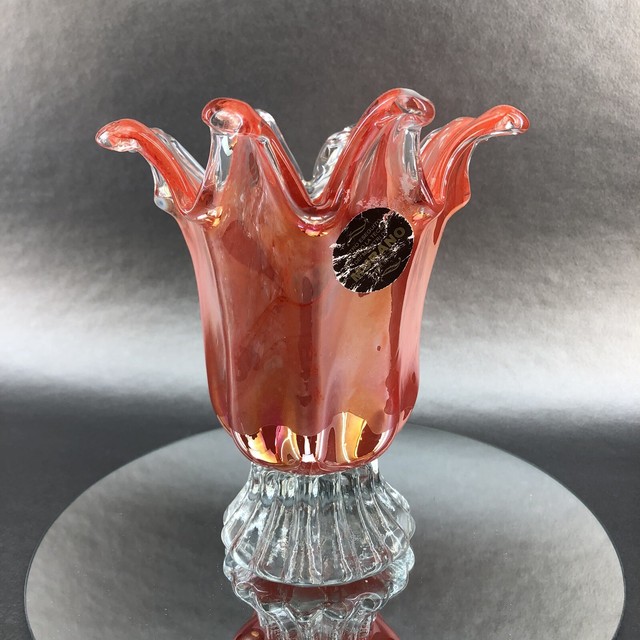 Vintage Murano Italy Orange Red Iridescent Ruffles Art Glass Vase Vetro