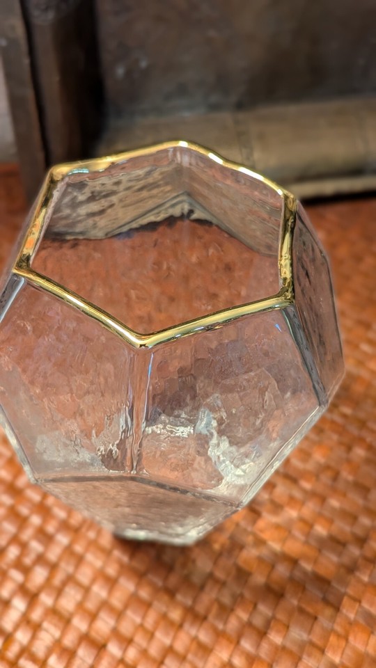 Polyhedron Clear Textured Glass Vase W/ Gold Rim 6" Tall eBay