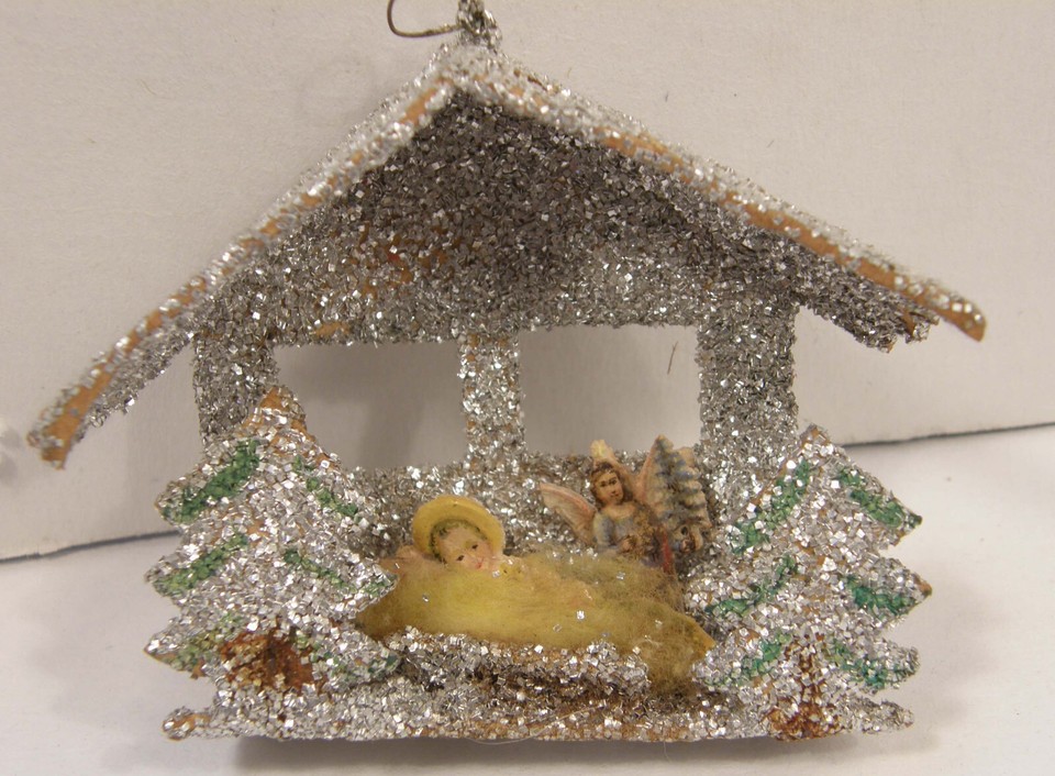 VINTAGE XMAS ORNAMENT GLITTER CARDBOARD PUTZ STABLE DIE CUT CHRIST